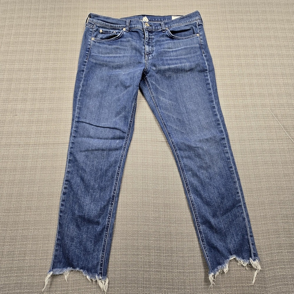 rag & bone Mid‑Blue Ankle Crop Raw Hem Jeans